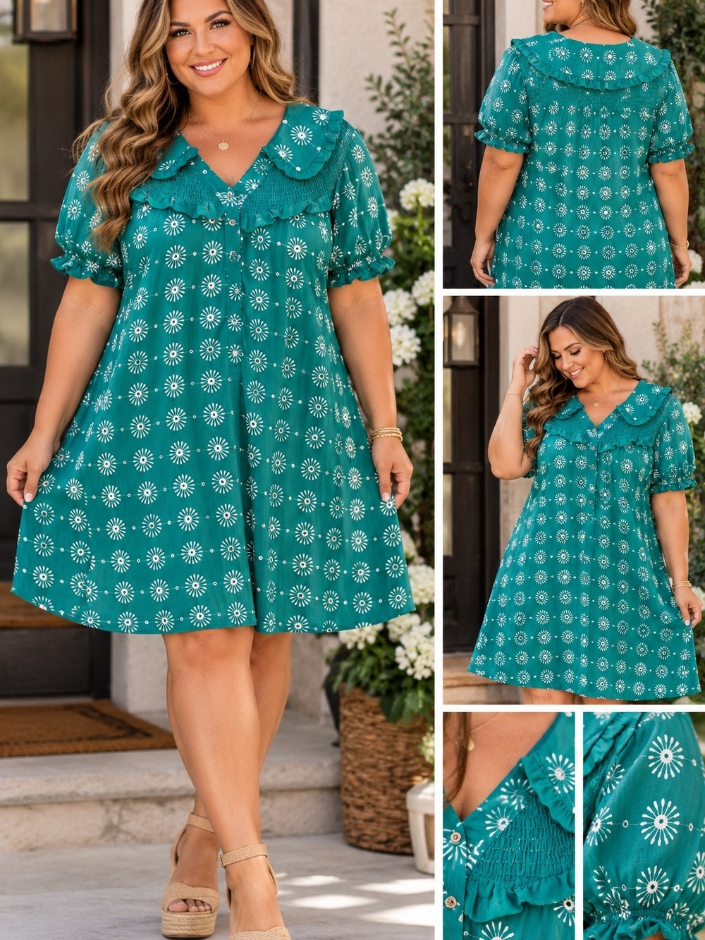 Umgee 2XL Teal Floral Ruffle Collar Knee Length Dress Boho